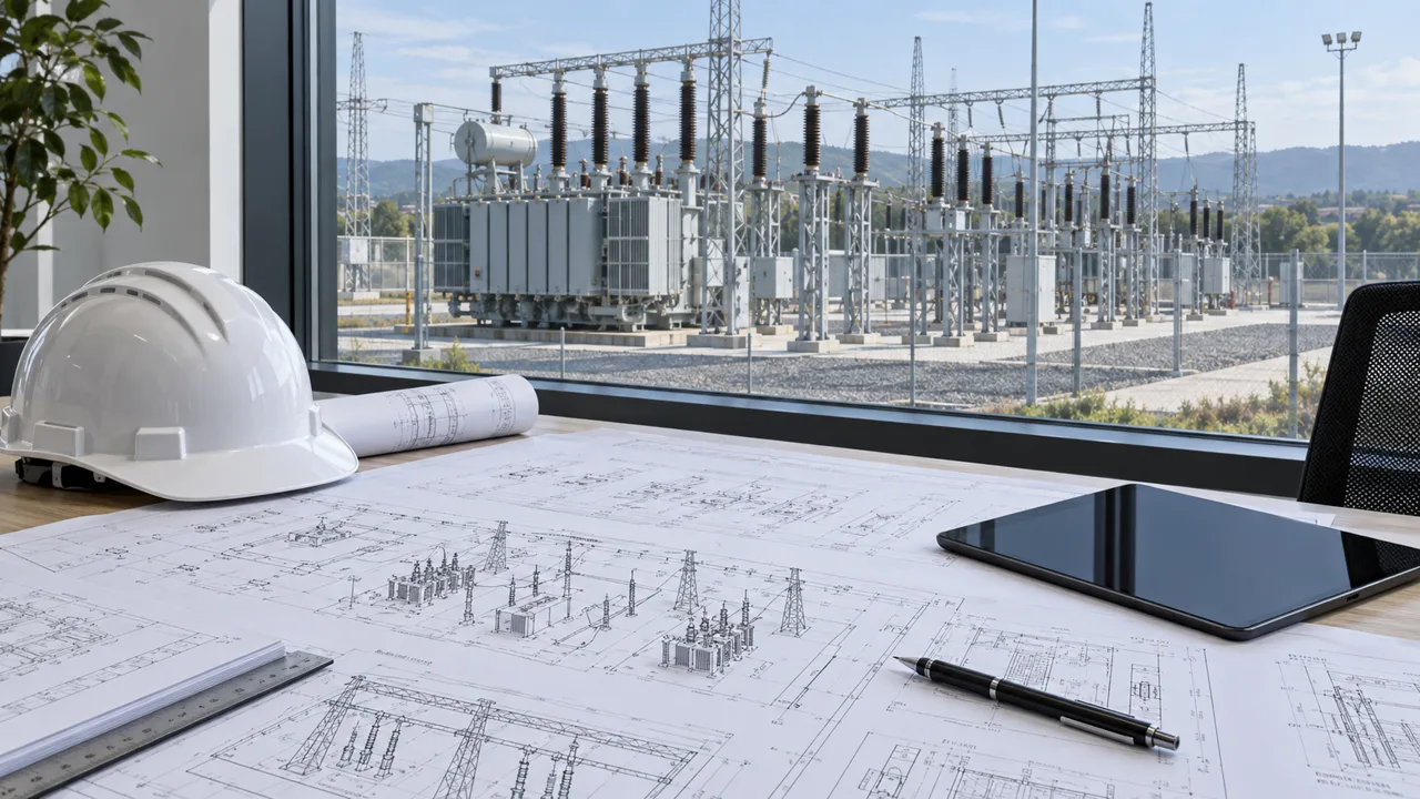 Engineering drawings, a tablet and a hard hat in an office overlooking a substation
