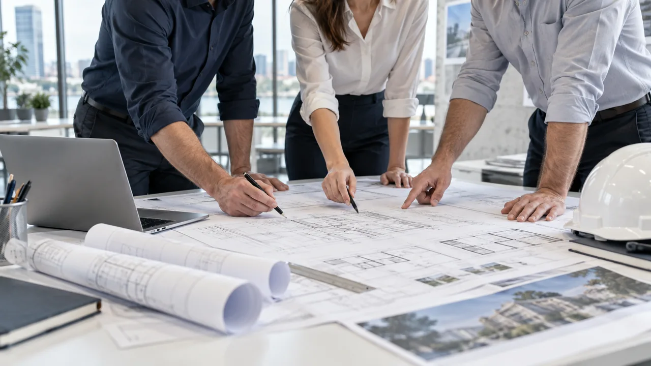 Engineering professionals collaborating around a table of technical drawings