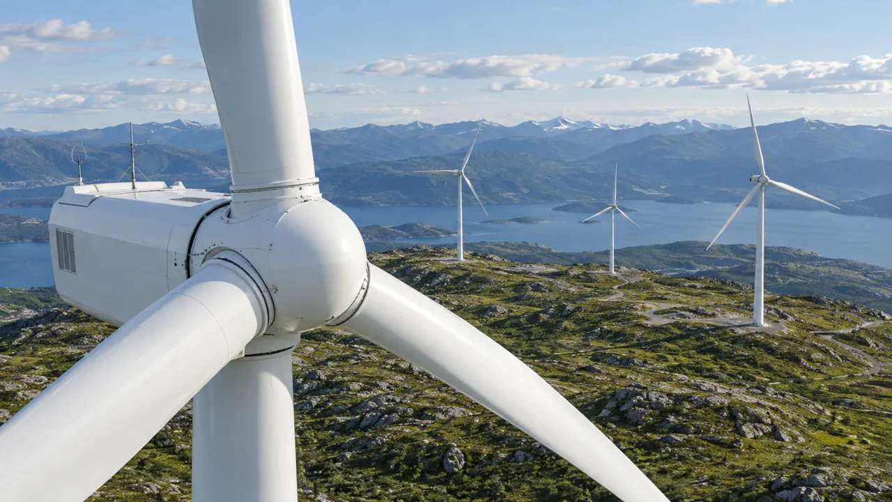 Close view of a wind turbine rotor and nacelle overlooking a mountain wind farm