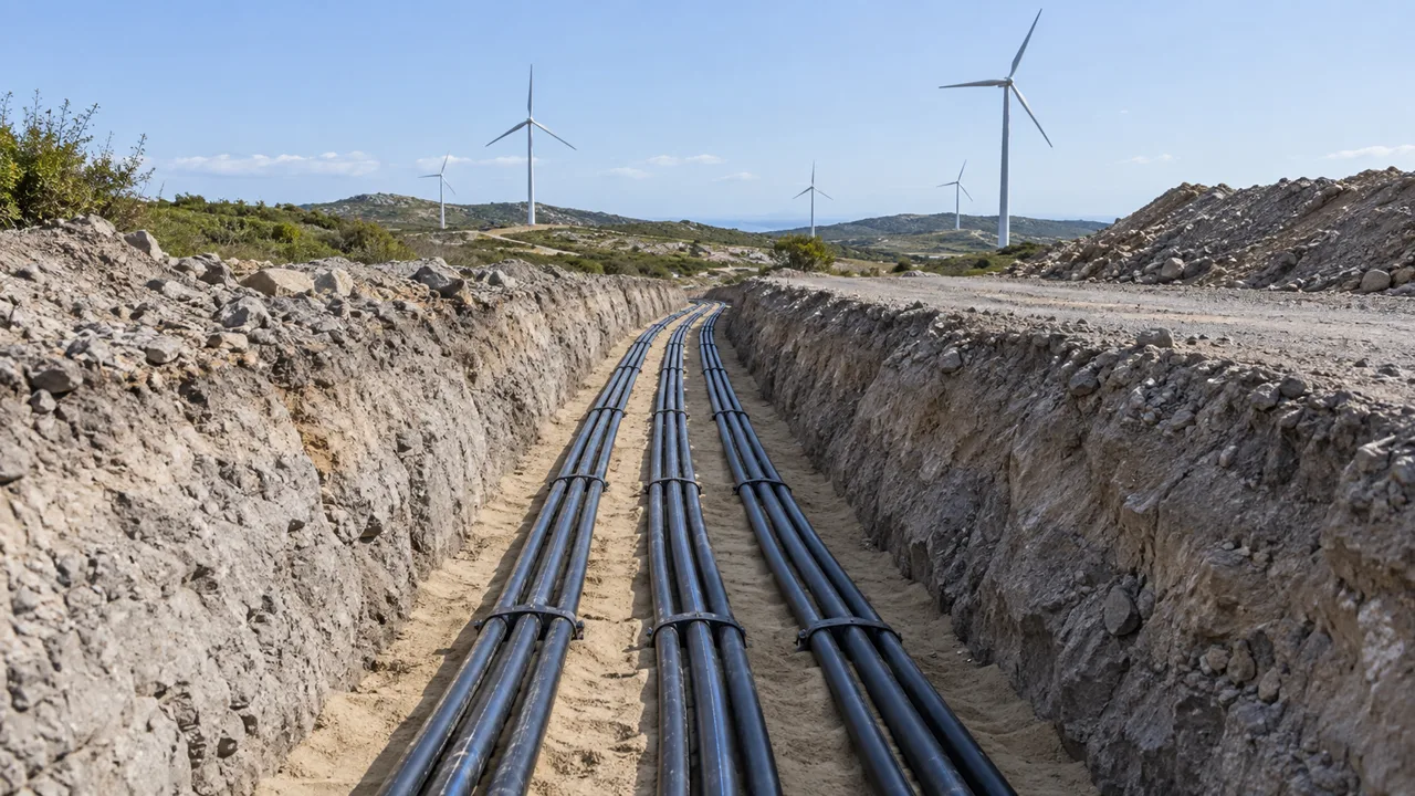 Underground electrical cables laid in a trench at a wind energy site