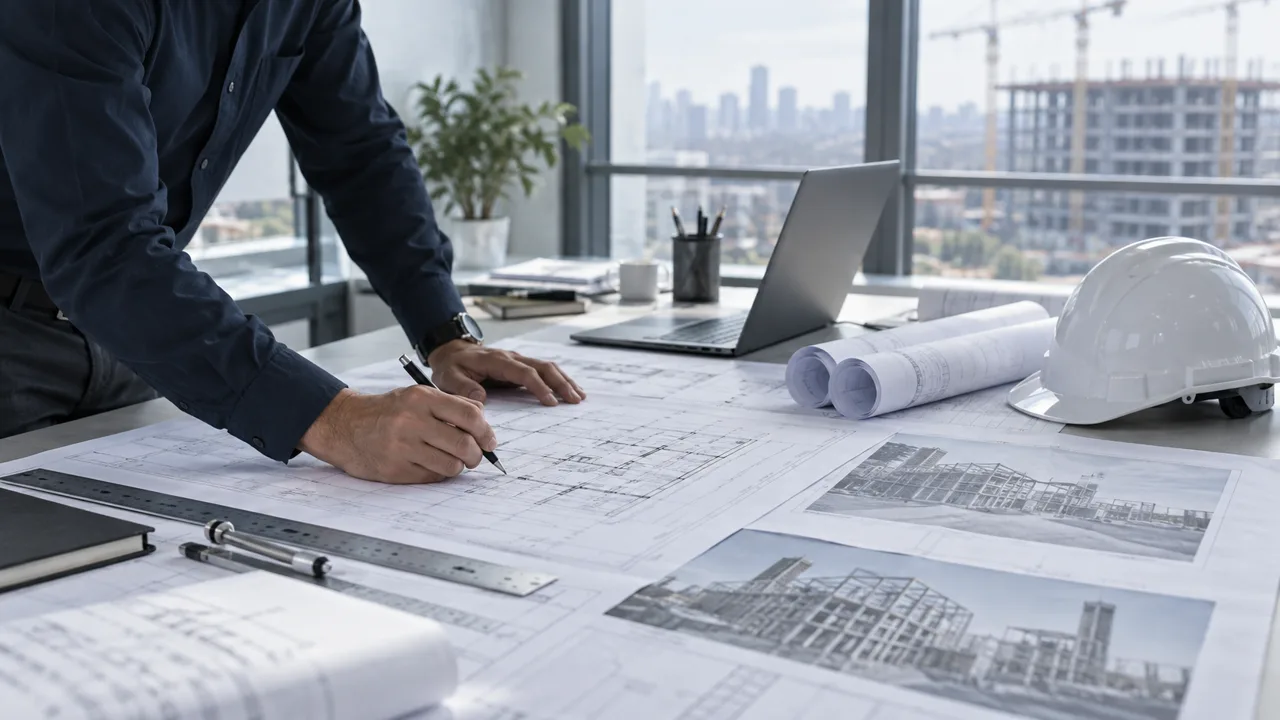 Engineering drawings being reviewed at a project office desk