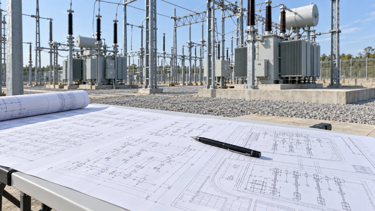 Electrical engineering drawings and a pen overlooking a substation