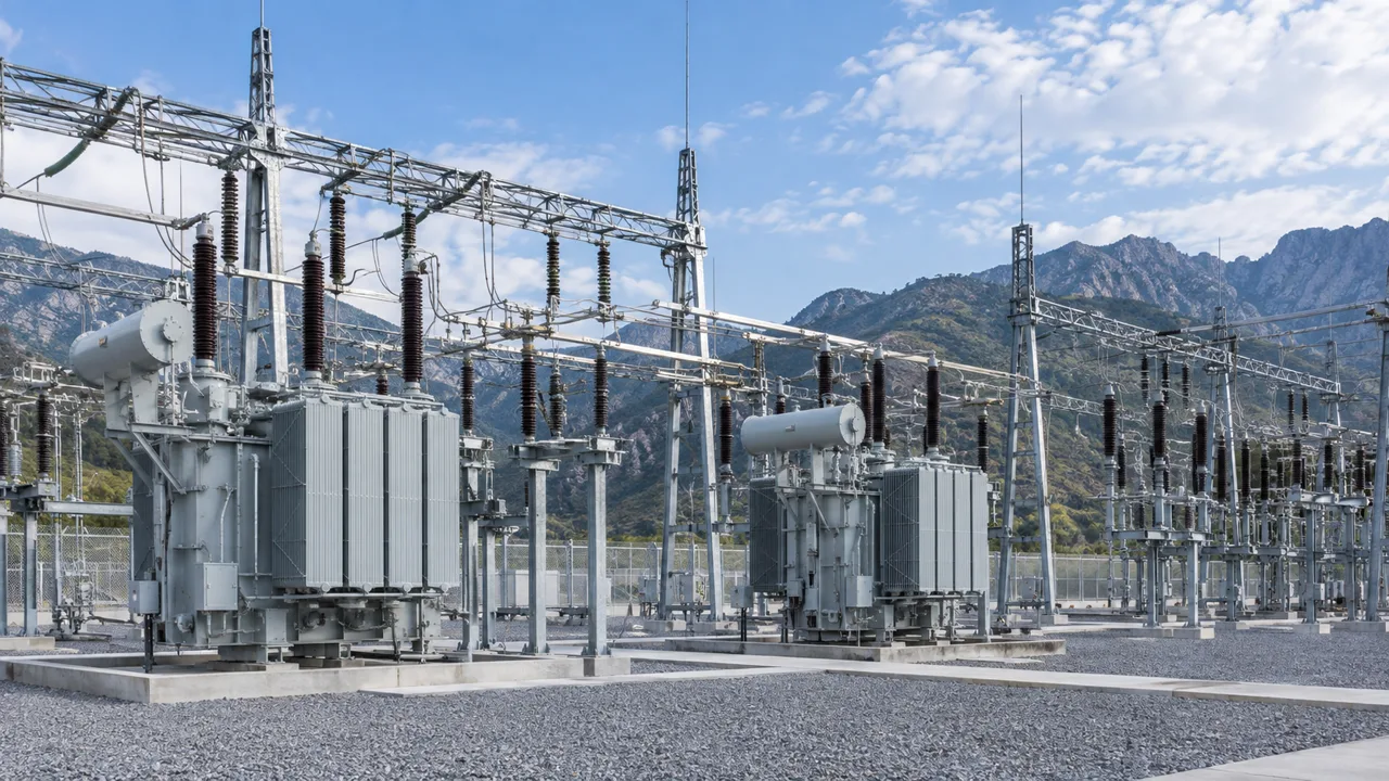 Power transformers, insulators and steel gantries at an outdoor electrical substation