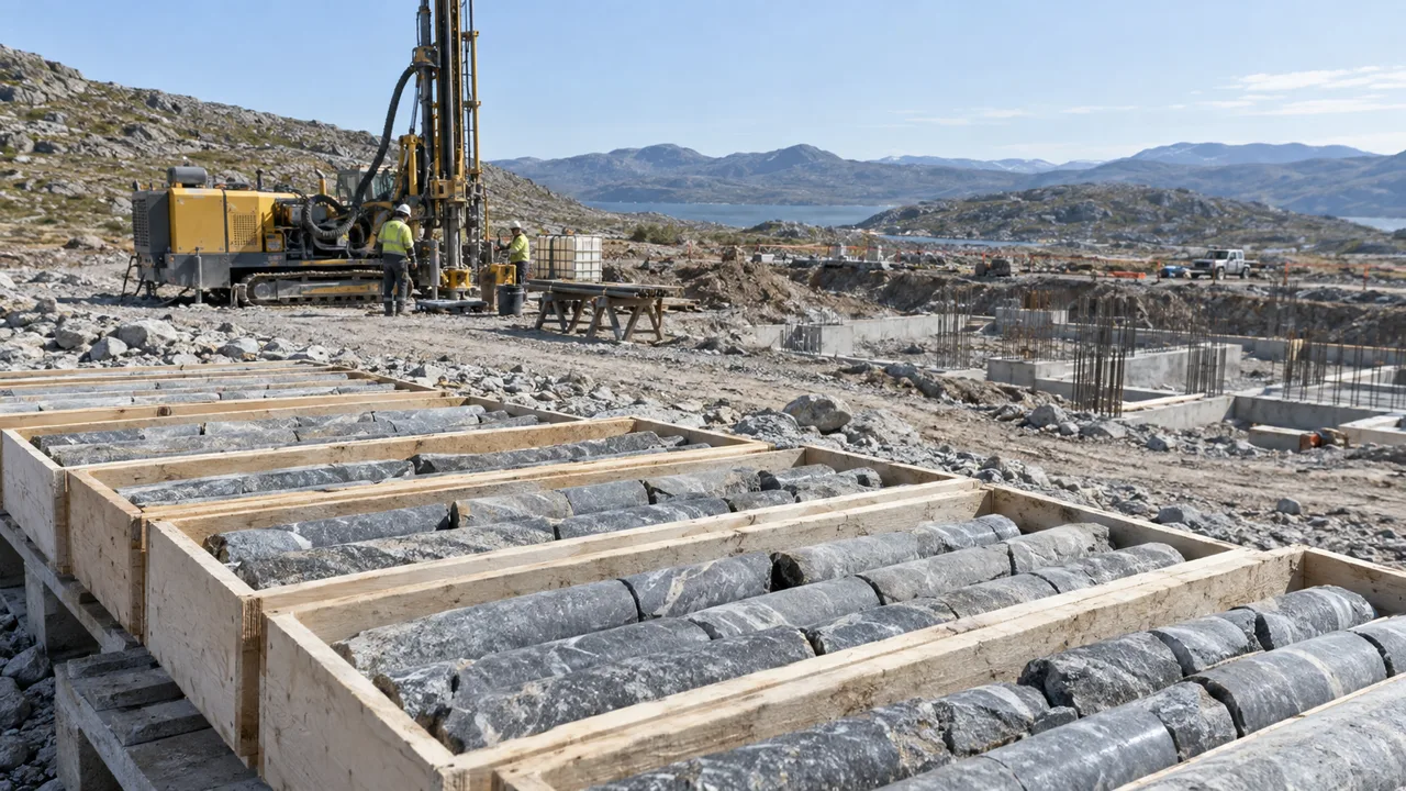 Rock core samples and a drilling rig at a ground investigation site
