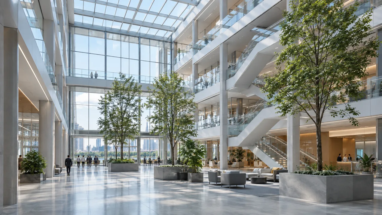 Daylit office atrium with glazing, balconies and indoor trees