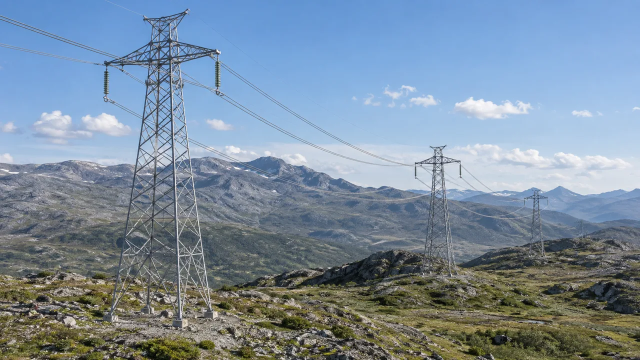 High-voltage transmission towers and overhead lines crossing a mountain landscape