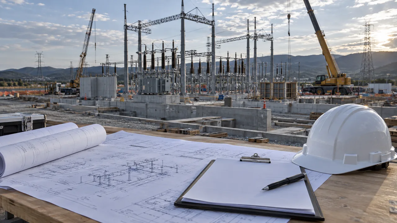 Plans and a hard hat overlooking an infrastructure construction site