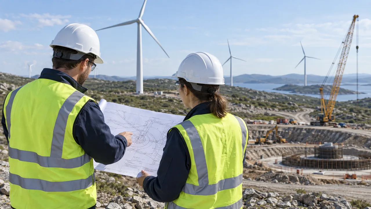 Two engineers reviewing project drawings at a wind energy construction site