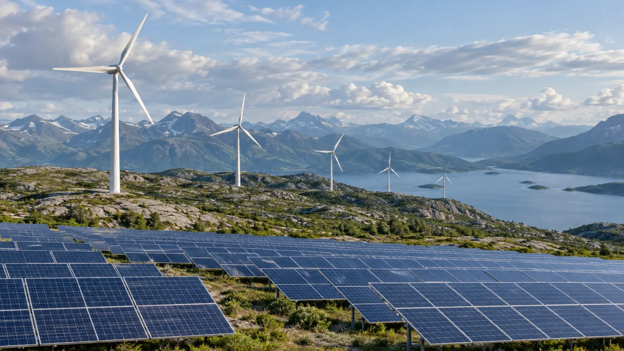 Solar panels and wind turbines overlooking a lake and mountain landscape