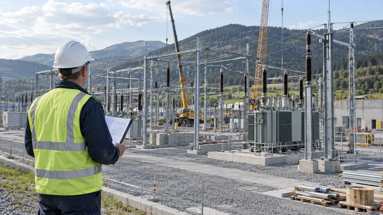 Engineer reviewing drawings at an electrical substation construction site