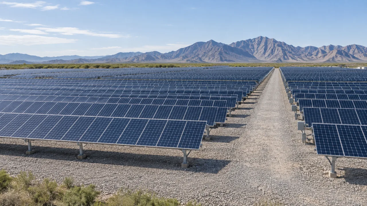 Rows of photovoltaic panels and a service road below a mountain range