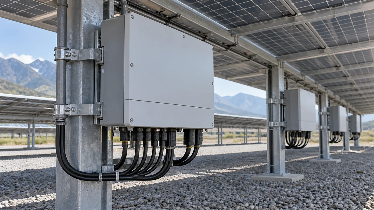 Electrical inverters and cable connections beneath solar panel structures