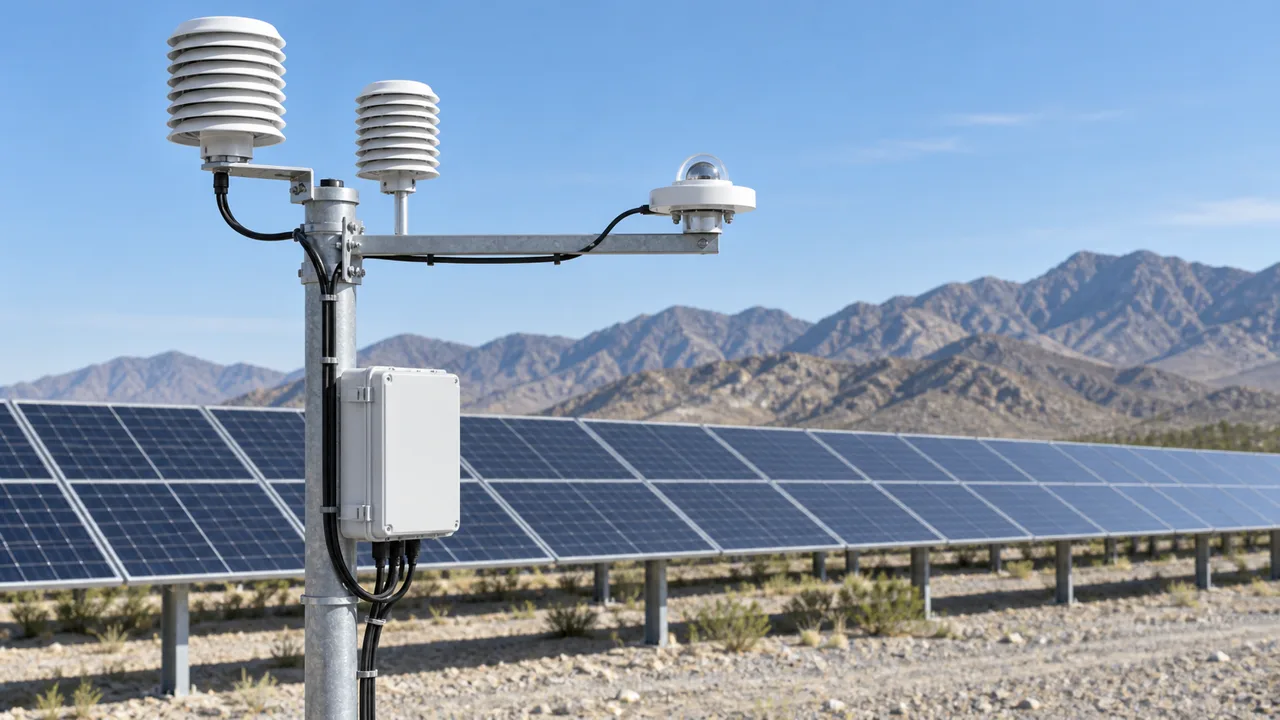 Solar irradiance and weather instruments beside photovoltaic panels