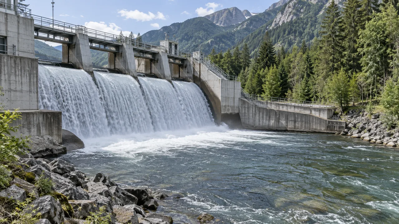 Water flowing over a concrete spillway into a mountain river
