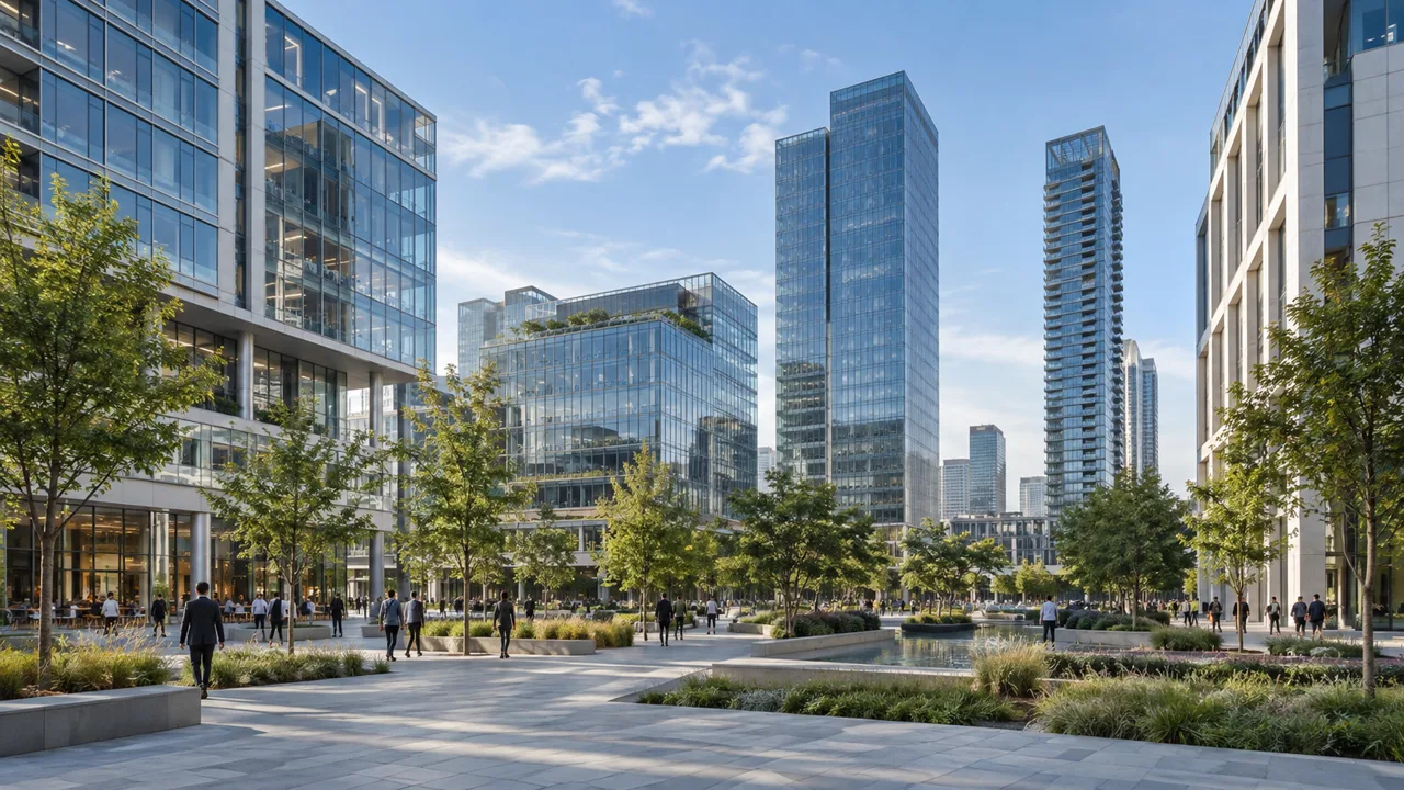 Glass buildings and landscaped pedestrian space in a modern business district