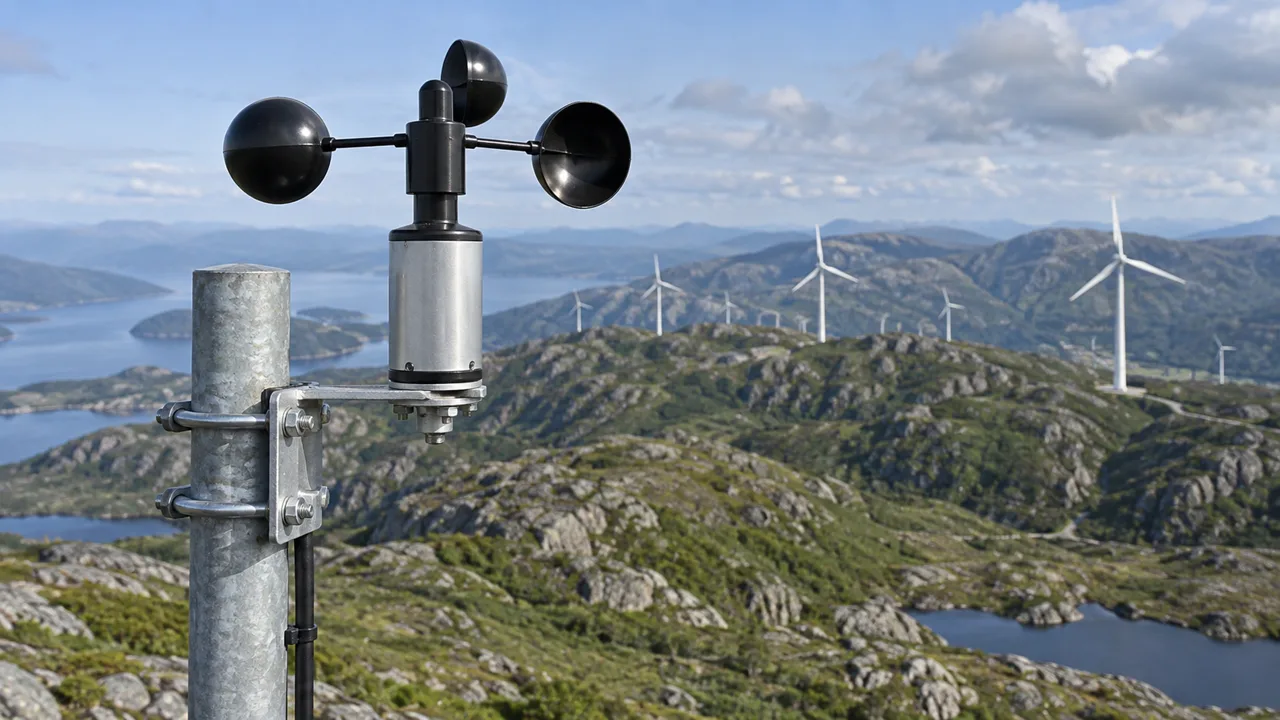 Cup anemometer mounted on a measurement mast with wind turbines behind it