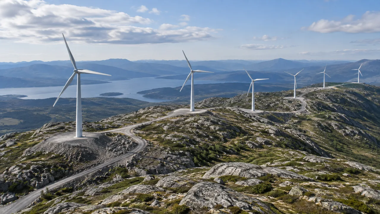 Wind turbines and access roads along a mountain ridge