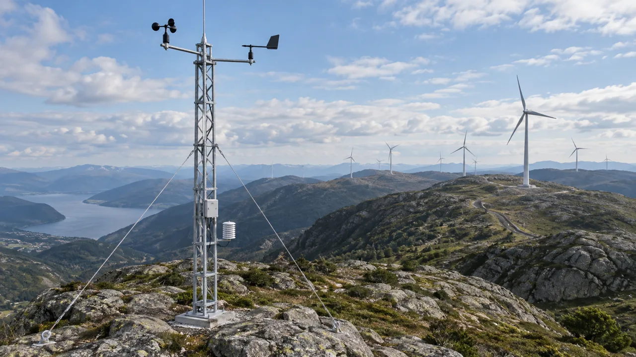 Wind measurement mast and instruments overlooking a mountain wind farm